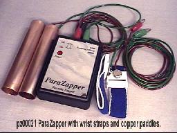 ParaZapper� parasite zapper with standard copper paddles and wrist straps. Electrocute parasites with the improved Hulda Clark zapper.